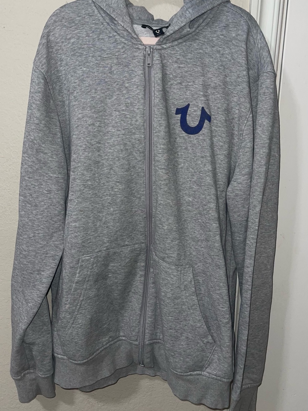 True Religion Gray Zip-Up Hoodie with Navy Horseshoe Accent